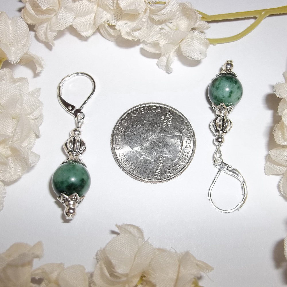 Green & Silver Beaded Earrings Pair Handmade 4838 - Picture 8 of 8